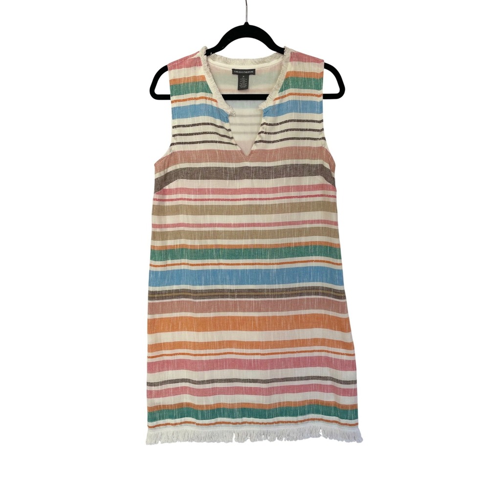 Chelsea & Theodore Striped Shift Dress Womens‎ M Multi Color Cotton Fringed